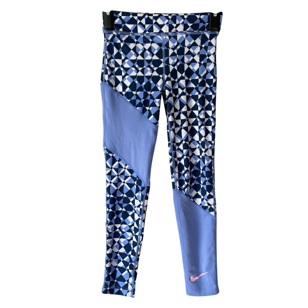 Nike Blue Girl's Leggings M Activewear Tight Fit Athletic Printed Geometric